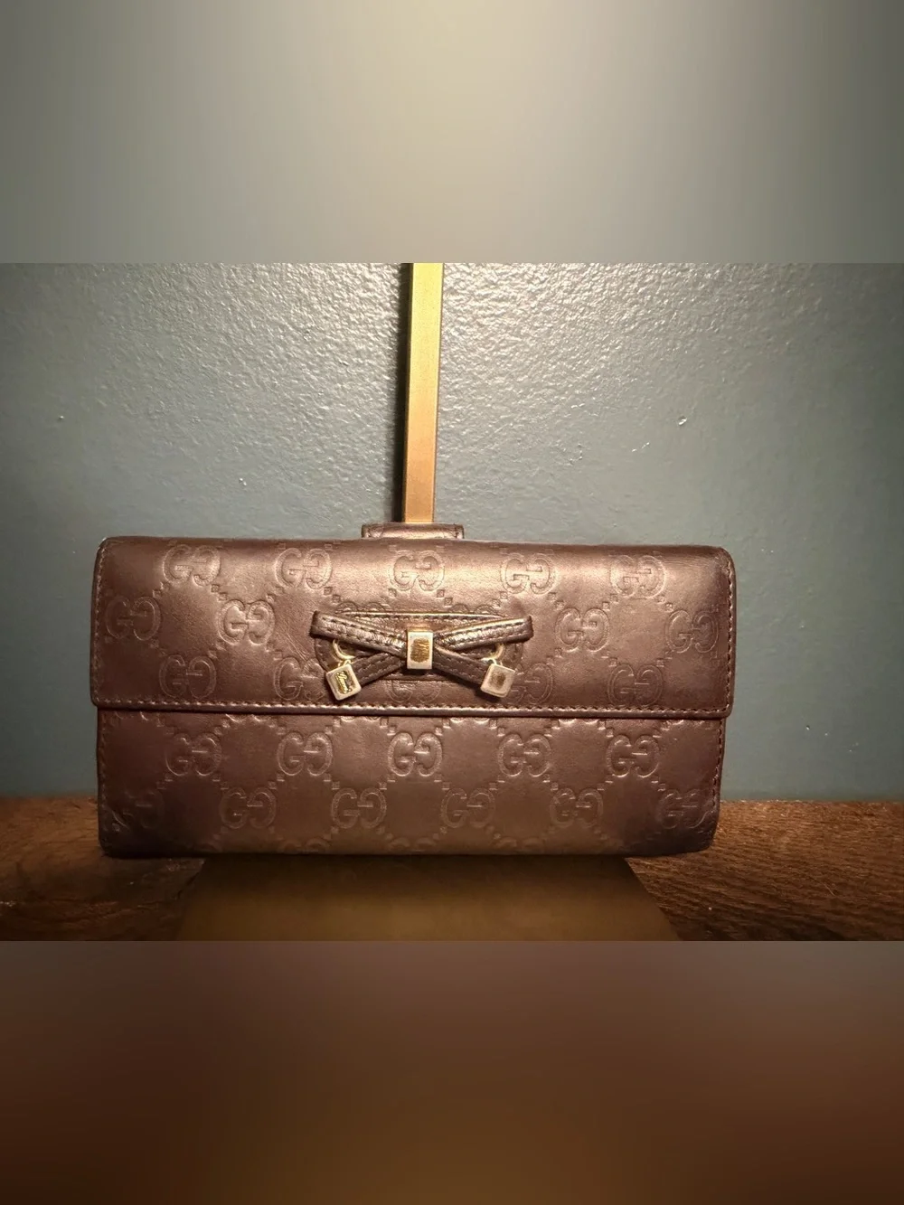 Gucci Brown Monogram Leather Wallet with Bow Accent